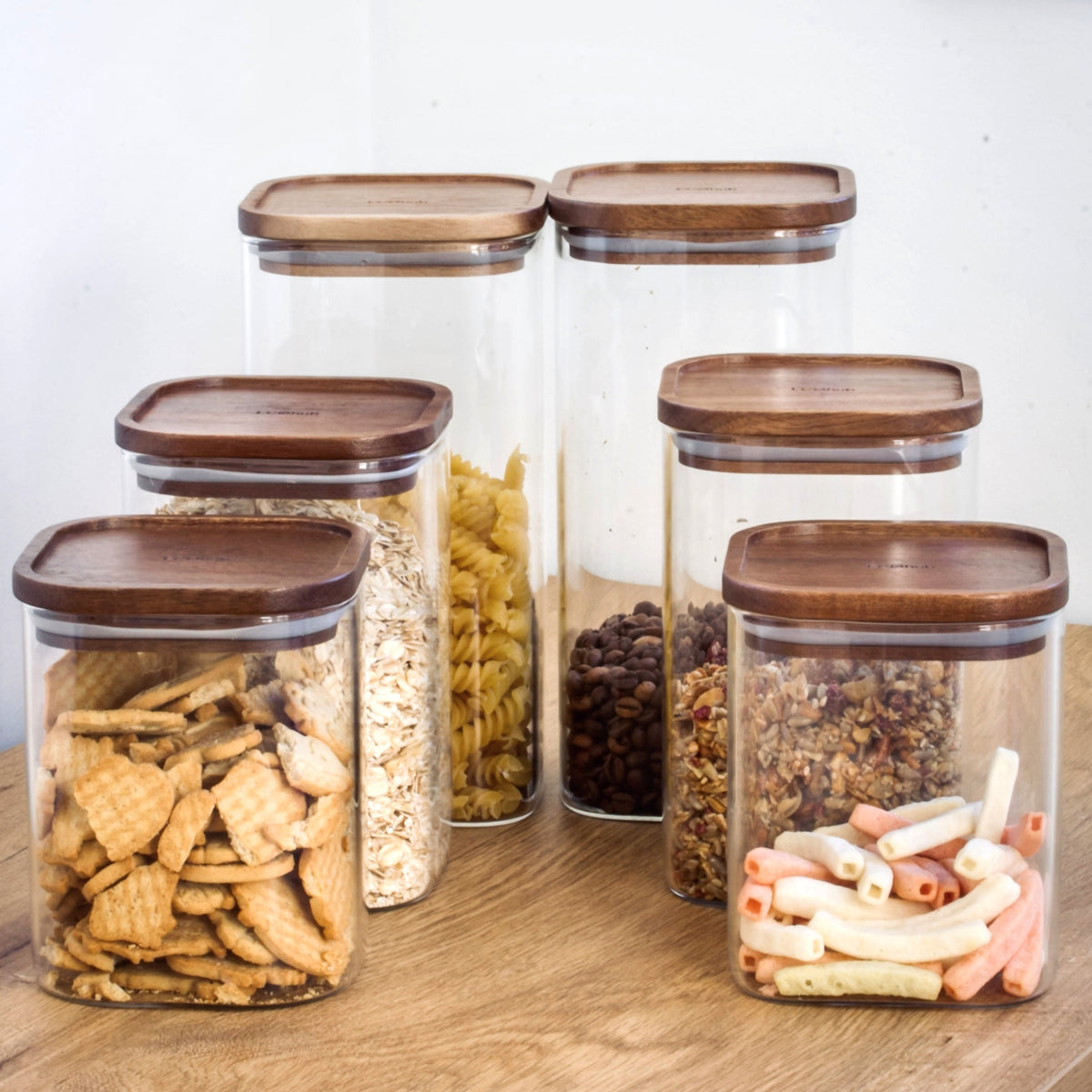 Acacia & Glass Pantry Jars, 6-piece Set