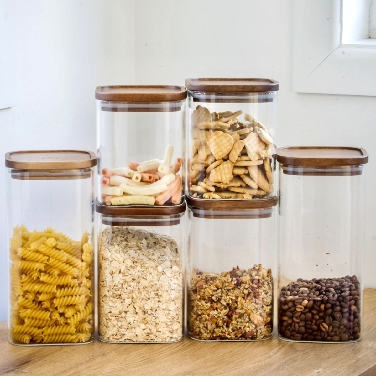 Acacia & Glass Pantry Jars, 6-piece Set