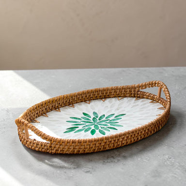 Rattan & Pearl Inlay Oval Serving Tray (31cm)