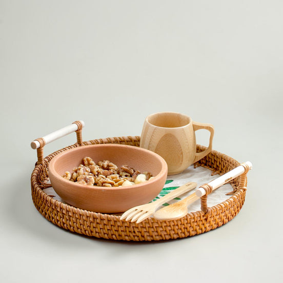 Rattan & Pearl Inlay Round Serving Tray (28cm)