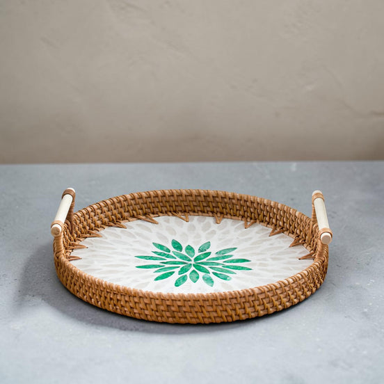 Rattan & Pearl Inlay Round Serving Tray (28cm)