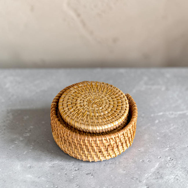 Rattan Coasters with Holder, 6-piece Set