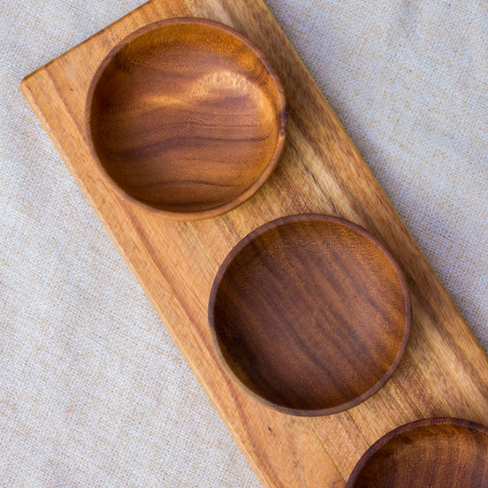 Acacia Dipping Bowls with Board, Set of 3 (10cm)