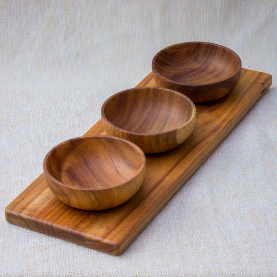 Acacia Dipping Bowls with Board, Set of 3 (10cm)