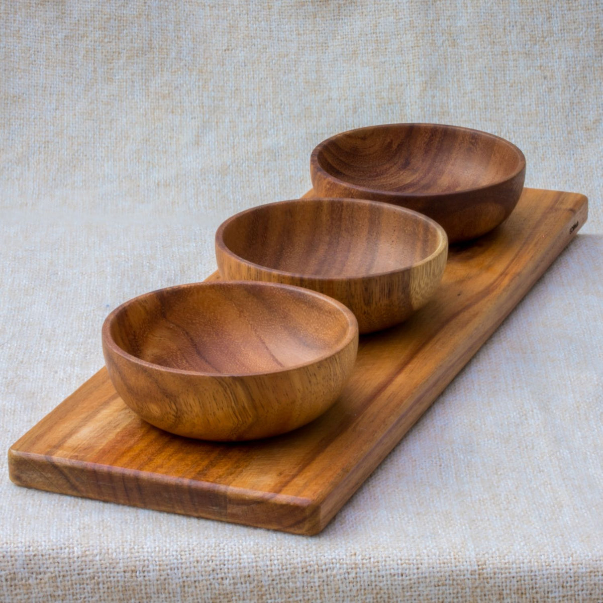 Acacia Dipping Bowls with Board, Set of 3 (10cm)