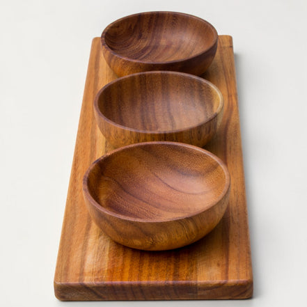 Acacia Dipping Bowls with Board, Set of 3 (10cm)
