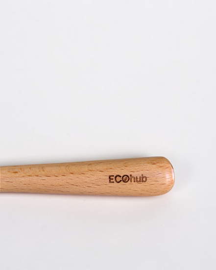 Ecohub NZ Entertainers Beech Cutlery Set of 2 - natural beech wood - close-up on laser-etched Ecohub branding on handle