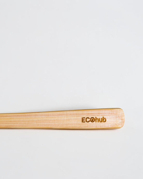 Ecohub NZ Essentials Bamboo Cutlery Set of 2 - natural bamboo - close-up on laser-etched Ecohub branding on handle