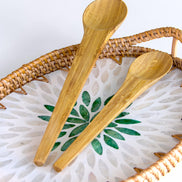 Ecohub NZ Essentials Bamboo Mixing & Serving Spoons Set of 2 - natural sustainable bamboo - presented within a woven rattan tray with embroidered flower
