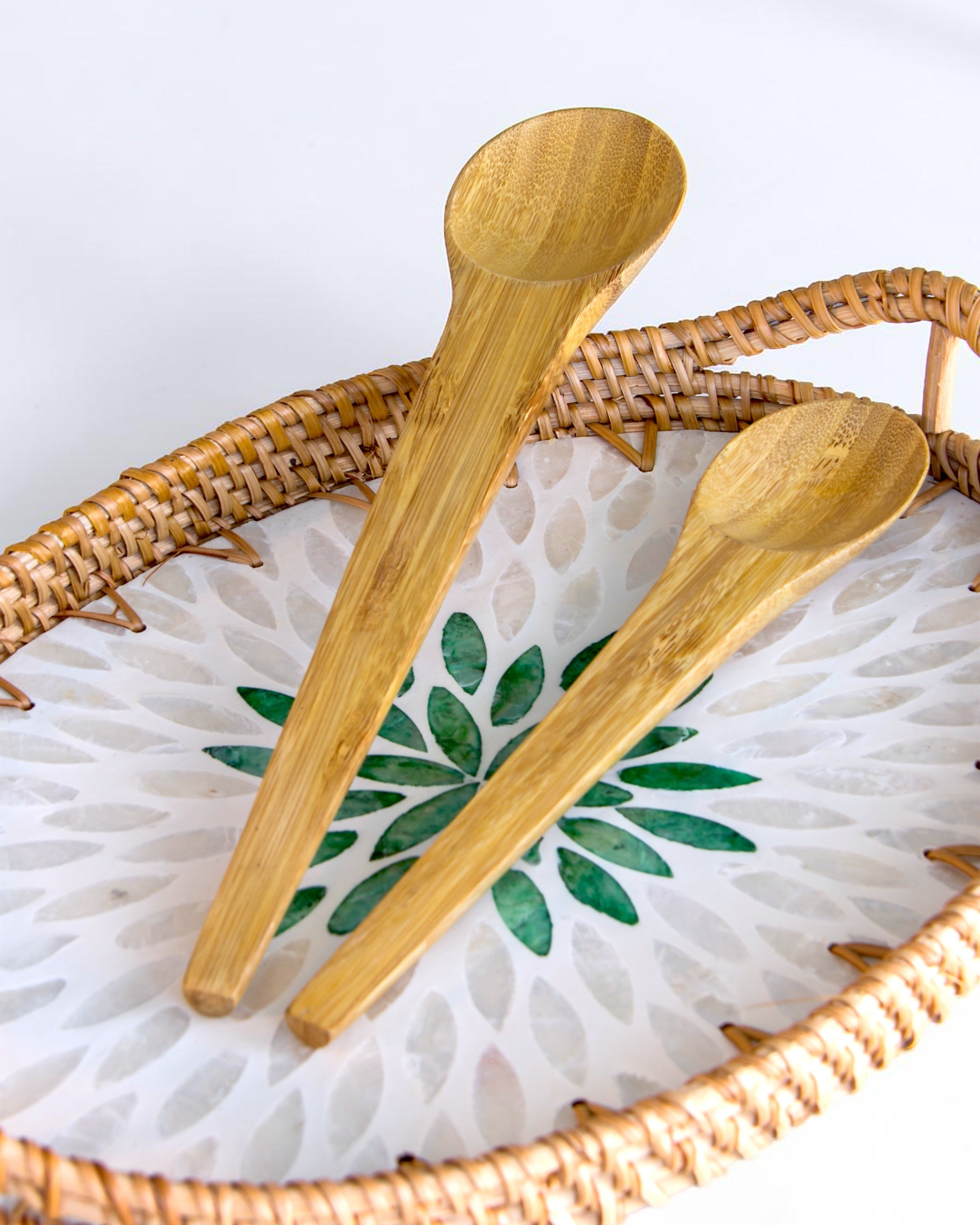 Ecohub NZ Essentials Bamboo Mixing & Serving Spoons Set of 2 - natural sustainable bamboo - presented within a woven rattan tray with embroidered flower