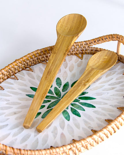 Ecohub NZ Essentials Bamboo Mixing & Serving Spoons Set of 2 - natural sustainable bamboo - presented within a woven rattan tray with embroidered flower