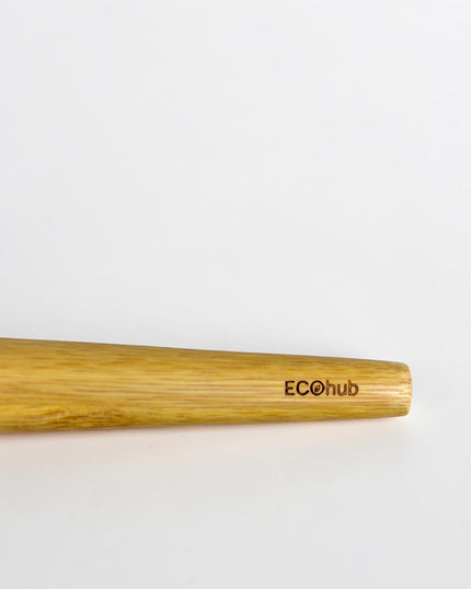 Ecohub NZ Essentials Bamboo Mixing & Serving Spoons Set of 2 - natural sustainable bamboo - close-up on laser-etched ECOhub NZ branding