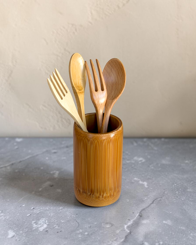 Ecohub NZ Essentials Bamboo Cutlery Organiser - natural bamboo - holding assorted wooden utensils on grey concrete