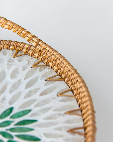 Ecohub NZ Artisans Rattan & Pearl Inlay Oval Serving Tray (31cm) - rattan and pearl - close-up on handle and inlay