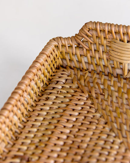 Ecohub NZ Artisans Rattan Rectangular Serving Tray (34cm) - natural rattan - close-up corner view showing weave detail
