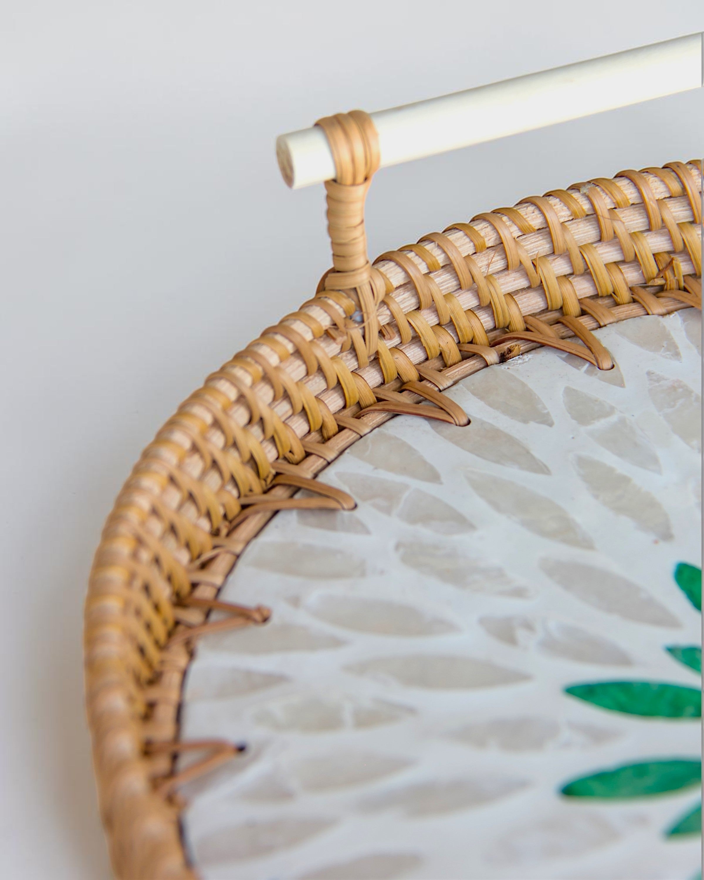 Ecohub NZ Artisans Rattan & Pearl Inlay Round Serving Tray (28cm) - rattan and pearl - close-up on handle and inlay