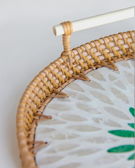 Ecohub NZ Artisans Rattan & Pearl Inlay Round Serving Tray (28cm) - rattan and pearl - close-up on handle and inlay