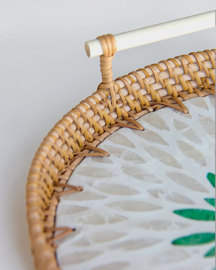 Ecohub NZ Artisans Rattan & Pearl Inlay Round Serving Tray (28cm) - rattan and pearl - close-up on handle and inlay
