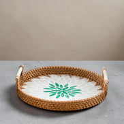 Ecohub NZ Artisans Rattan & Pearl Inlay Round Serving Tray (28cm) - rattan and pearl - empty on grey concrete