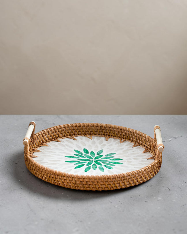 Ecohub NZ Artisans Rattan & Pearl Inlay Round Serving Tray (28cm) - rattan and pearl - empty on grey concrete