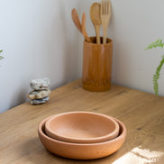 Ecohub NZ Entertainers Beech Nesting Bowl Set of 2 - natural beech wood - nested together on a wooden kitchen counter