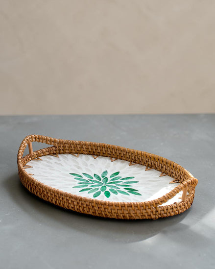 Ecohub NZ Artisans Rattan & Pearl Inlay Oval Serving Tray (31cm) - rattan and pearl - empty on grey concrete