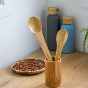 Ecohub NZ Essentials Bamboo Mixing & Serving Spoons Set of 2 - natural sustainable bamboo - functional kitchen use with bottles and a food bowl