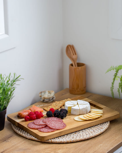 Ecohub NZ Entertainers Teak Cheese & Grazing Board (35x24cm) - natural teak wood - serving charcuterie on a wood counter