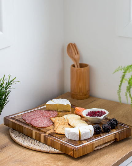 Ecohub NZ Entertainers Mosaic Teak Grazing Board (35x25cm) - mosaic teak wood - serving charcuterie on a wood counter