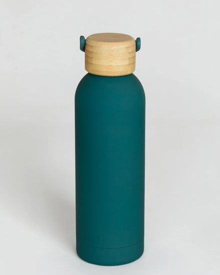 Ecohub NZ Palette Insulated Water Bottle (500ml) Ocean Teal - matte and bamboo - standing on a plain white background