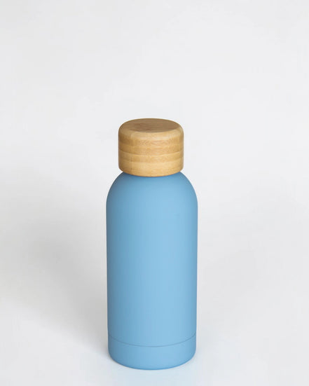 Ecohub NZ Palette Mini Insulated Water Bottle (350ml) Sky Blue - matte and bamboo - standing on a plain white background