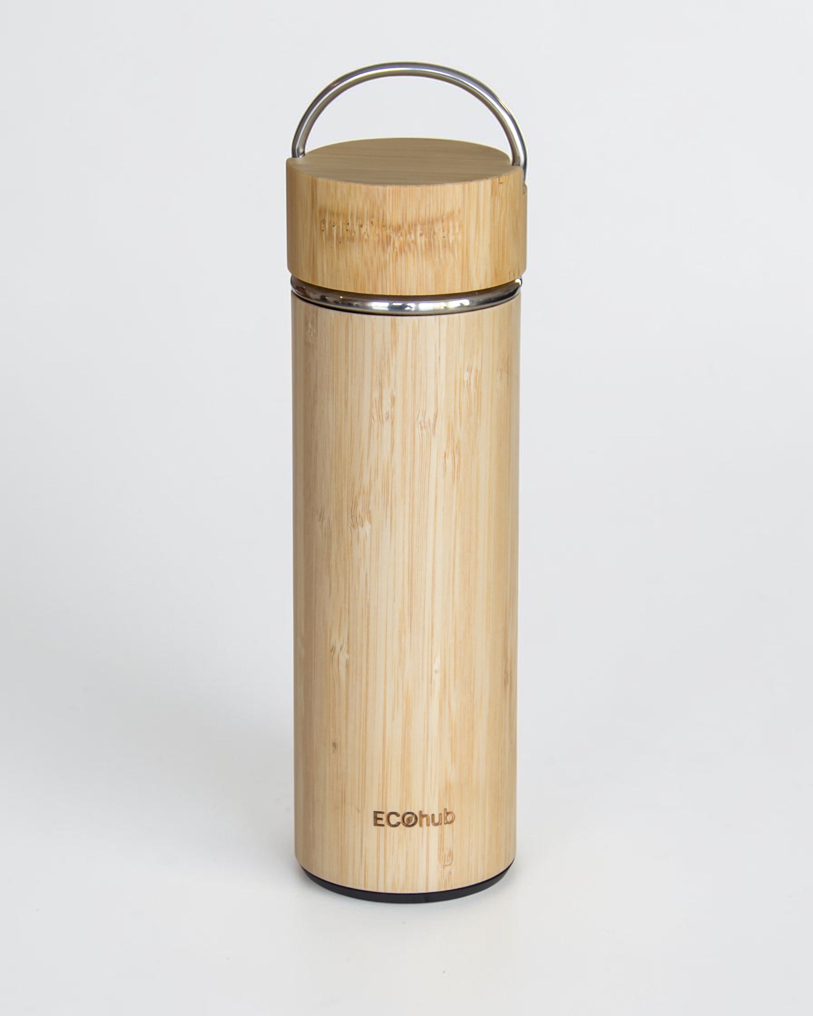 Ecohub NZ Essentials Bamboo Insulated Water Bottle (500ml) - natural bamboo and steel - standing on a white background