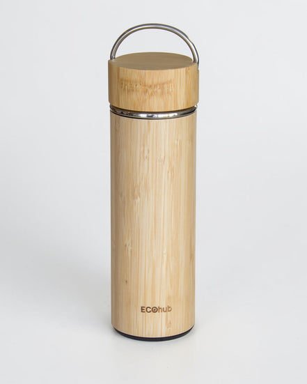 Ecohub NZ Essentials Bamboo Insulated Water Bottle (500ml) - natural bamboo and steel - standing on a white background