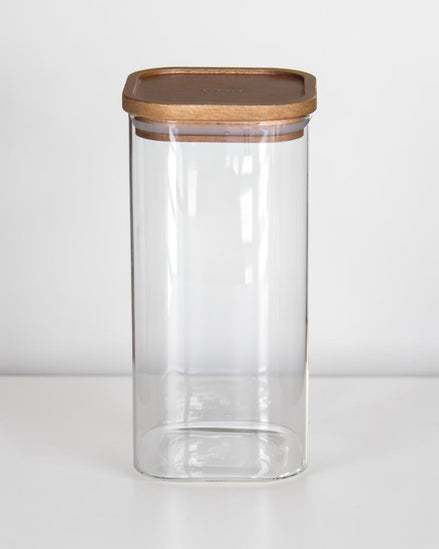 Ecohub NZ Essentials Square Acacia & Glass Pantry Jar (1.6L) - glass and acacia - empty standing on a white surface