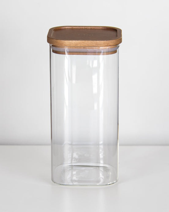 Ecohub NZ Essentials Square Acacia & Glass Pantry Jar (1.6L) - glass and acacia - empty standing on a white surface