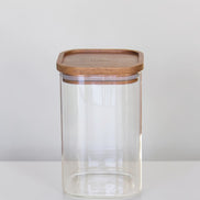 Ecohub NZ Essentials Square Acacia & Glass Pantry Jar (1.2L) - glass and acacia - empty standing on a white surface