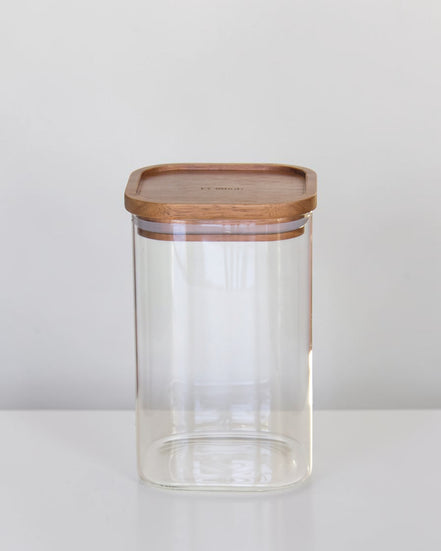 Ecohub NZ Essentials Square Acacia & Glass Pantry Jar (1.2L) - glass and acacia - empty standing on a white surface