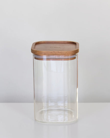 Ecohub NZ Essentials Square Acacia & Glass Pantry Jar (1.2L) - glass and acacia - empty standing on a white surface
