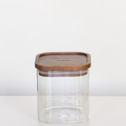 Ecohub NZ Essentials Square Acacia & Glass Pantry Jar (1L) - glass and acacia - empty standing on a white surface