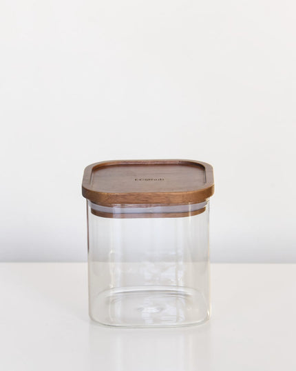 Ecohub NZ Essentials Square Acacia & Glass Pantry Jar (1L) - glass and acacia - empty standing on a white surface