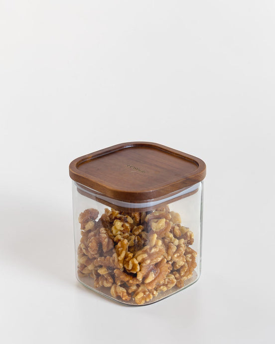 Ecohub NZ Essentials Square Acacia & Glass Pantry Jar (1L) - glass and acacia - filled with walnuts on white