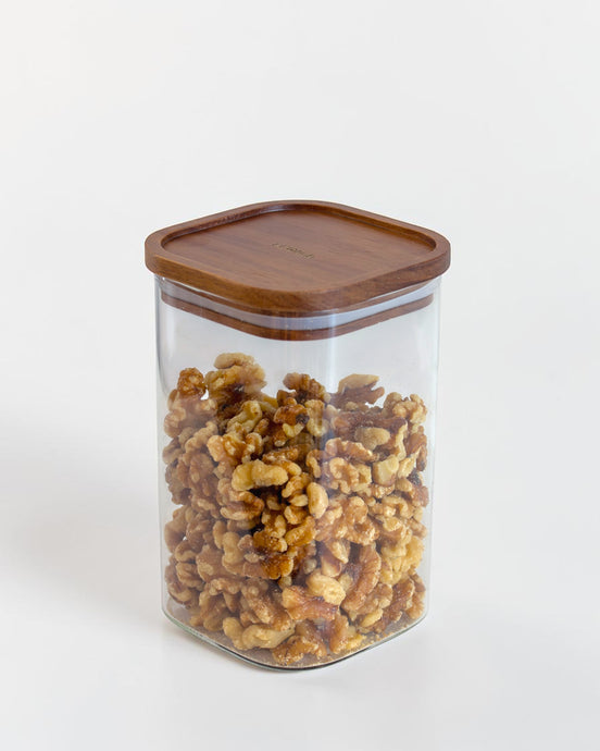 Ecohub NZ Essentials Square Acacia & Glass Pantry Jar (1.2L) - glass and acacia - filled with walnuts on white