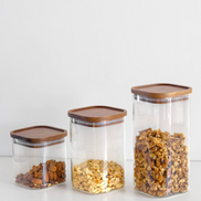 Ecohub NZ Essentials Square Acacia & Glass Pantry Jar (1L) - glass and acacia - lined up with medium and large jars