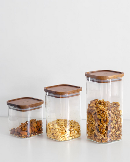 Ecohub NZ Essentials Square Acacia & Glass Pantry Jar (1L) - glass and acacia - lined up with medium and large jars