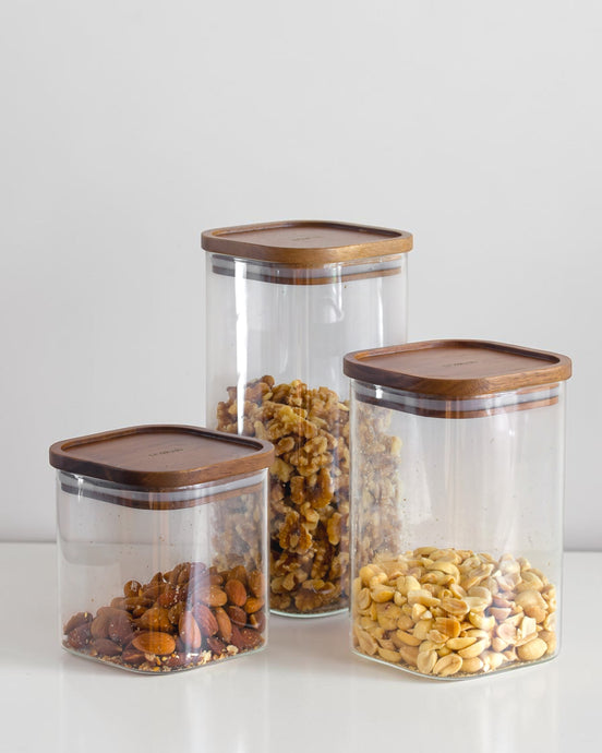 Ecohub NZ Essentials Square Acacia & Glass Pantry Jar (1.2L) - glass and acacia - grouped with other sizes holding nuts