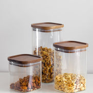 Ecohub NZ Essentials Square Acacia & Glass Pantry Jar (1L) - glass and acacia - grouped with other sizes holding nuts