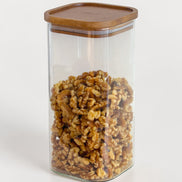 Ecohub NZ Essentials Square Acacia & Glass Pantry Jar (1.6L) - glass and acacia - filled with walnuts on a white surface