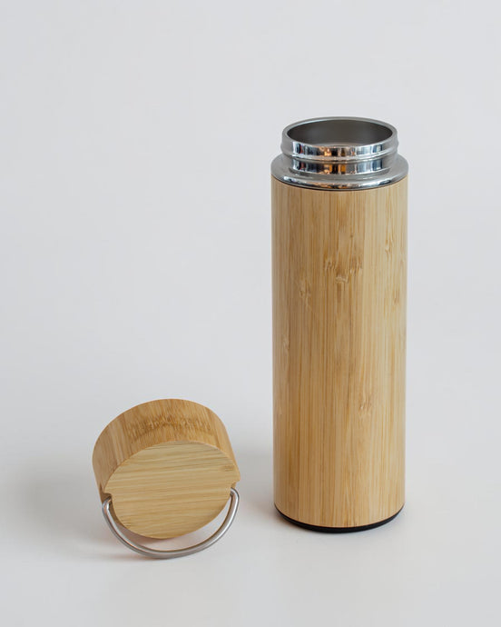 Ecohub NZ Essentials Bamboo Insulated Water Bottle (500ml) - natural bamboo and steel - lid off showing stainless interior