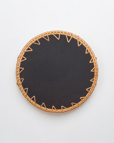 Ecohub NZ Artisans Rattan & Pearl Inlay Round Serving Tray (28cm) - rattan and pearl - showing black base on white