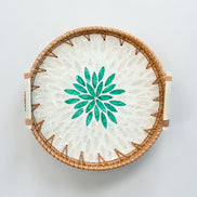 Ecohub NZ Artisans Rattan & Pearl Inlay Round Serving Tray (28cm) - rattan and pearl - top-down view of floral inlay